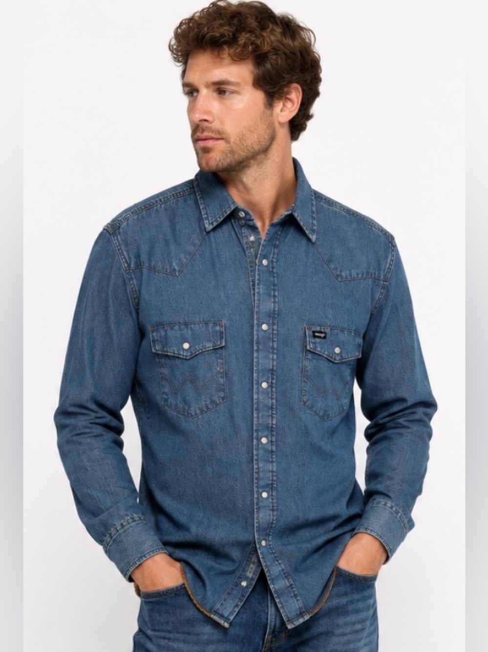 WRANGLER Chambray Snap Button Up Long Sleeve Western Shirt Mens Size Small